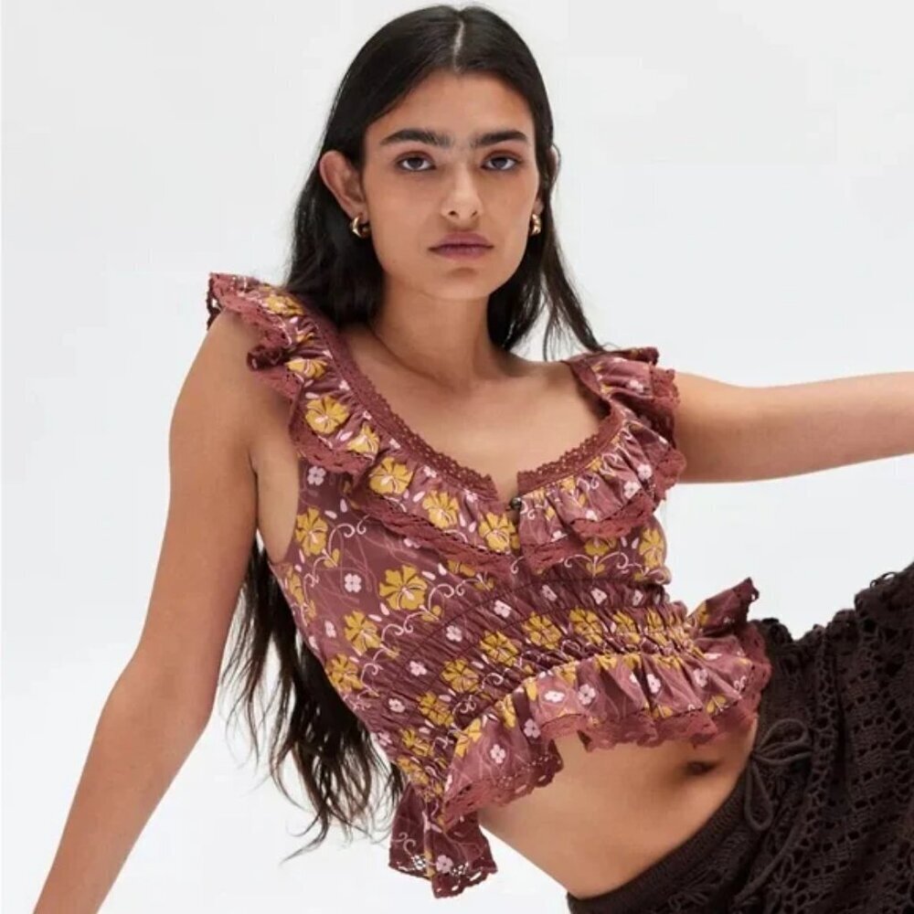 NWT UO Kimchi Blue Ariel Brown Ruffle Tank Top